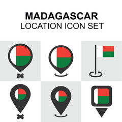 A set of location pins themed with the Madagascar flag and island vibe.