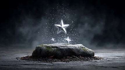 A minimalistic scene showing soft white sparkles and tiny star icons glowing gently against a smoky gray textured backdrop. 