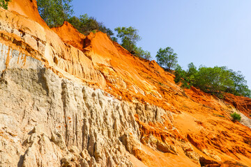 Stunning Red and White Sandstone Cliffs of Ham Tien Canyon Under a Bright Blue Vietnamese Sky