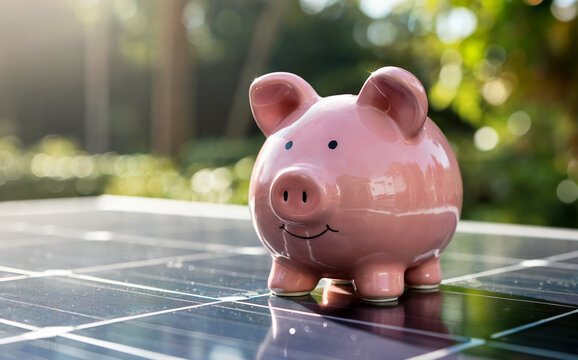 Piggy bank on solar panel for renewable energy savings and investment. - Powered by Adobe