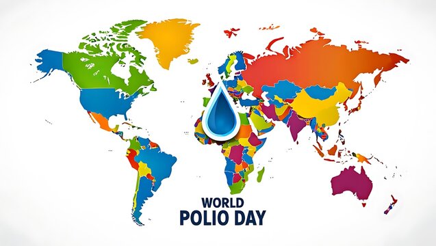 World map with colorful continents and a blue droplet for world polio day celebration event poster - Powered by Adobe