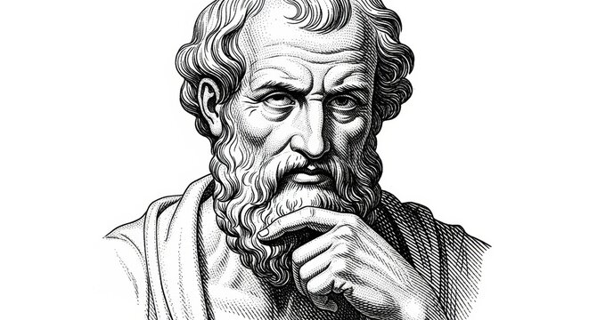 An engraving-style portrait of a classic Greek philosopher in a thoughtful pose, a symbol of wisdom and intellect.