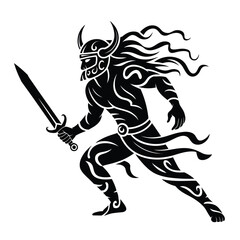 Stylized Viking Warrior with Sword in Black and White Illustration