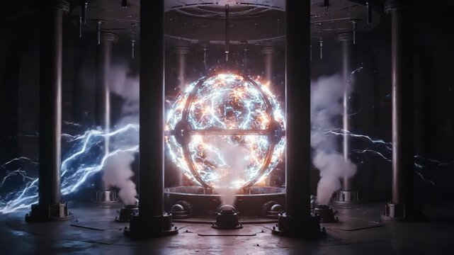 Cinematic 3d animation of a futuristic plasma energy core or reactor pulsing with electricity in a high-tech lab

