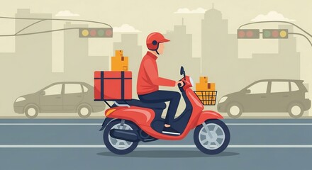 Red Scooter Delivery Rider Navigating City Traffic with Packages and Boxes