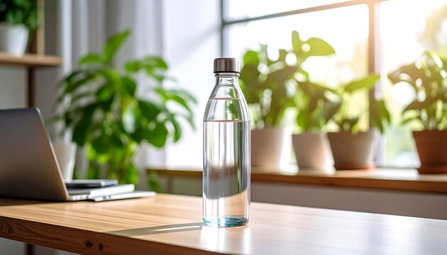Clear water bottle on a wooden desk, beside laptop and plants by a window