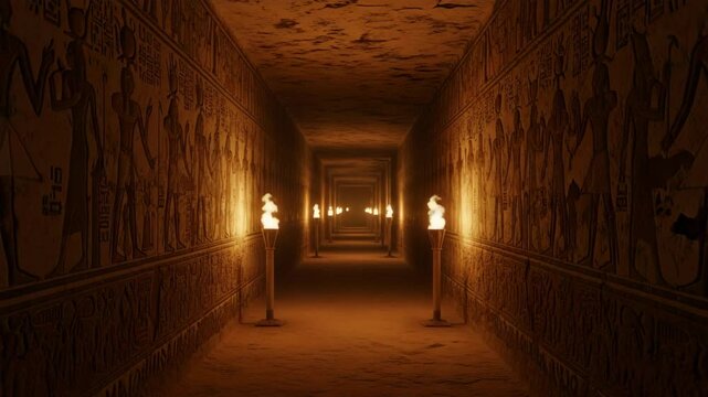Ancient Egyptian tomb corridor with glowing torches illuminating hieroglyphs on stone walls, creating a mysterious and immersive historical atmosphere