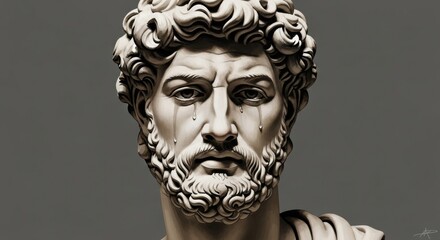 A dramatic close-up of a crying classical statue, with realistic tears on the marble face. A powerful concept of hidden sorrow.