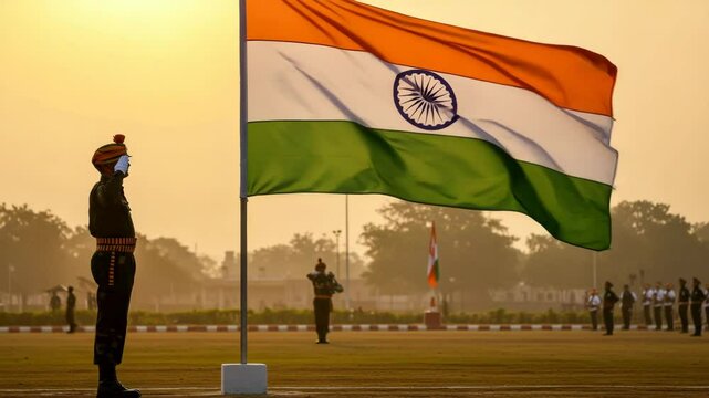 Indian soldier saluting with flag waving during sunset ceremony  