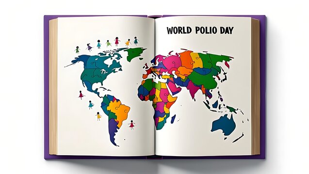 Open book displaying world polio day message with colorful map and stick figure children icons