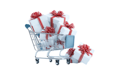 Shopping cart full of gifts, online shopping concept