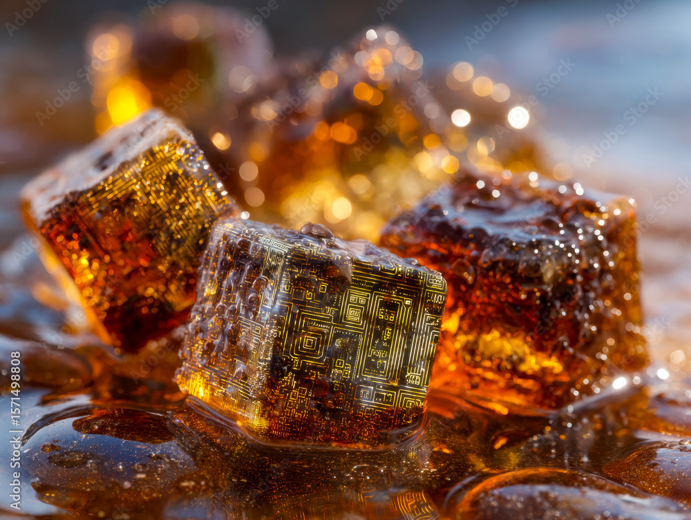Poster close-up of futuristic ice cubes with embedded digital circuitry design in a liquid splash