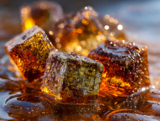 Close-up of futuristic ice cubes with embedded digital circuitry design in a liquid splash