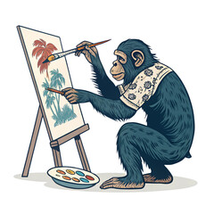 An otherworldly Chimpanzee painter fine art play draw logo design on white background