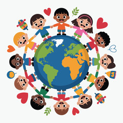 Children Holding Hands Around Earth Globe with Hearts and Decorative Elements 1