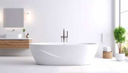 Modern bathroom interior with city view and freestanding bathtub 3d rendering
1