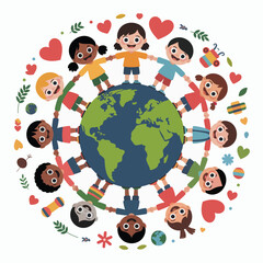 Children Holding Hands Around Earth Globe with Hearts and Decorative Elements 2