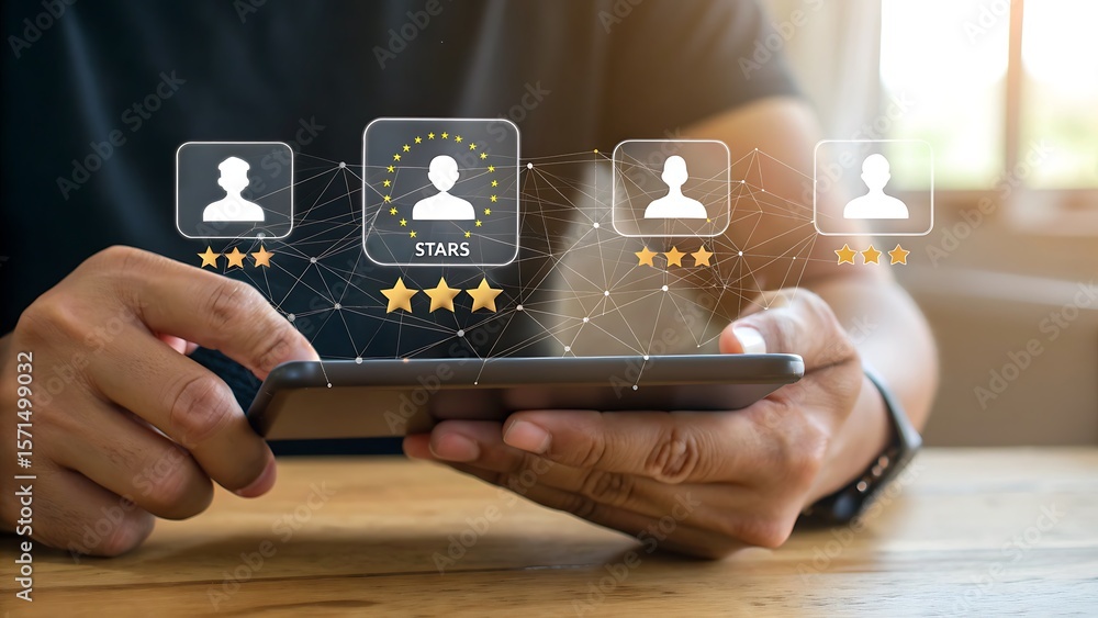 Poster hands using device for feedback with stars, illustrating client ratings and customer experience conc