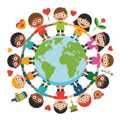 Children Holding Hands Around Earth Globe with Hearts and Flowers