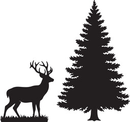 Majestic Deer and Evergreen Tree Silhouettes Nature's Peaceful Embrace