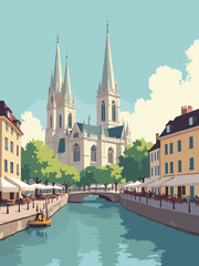 Fototapeta premium Amiens, France – Gothic cathedral and canal-side cafés with relaxed atmosphere