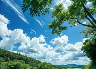 Lush green trees against a vibrant blue sky with fluffy white clouds