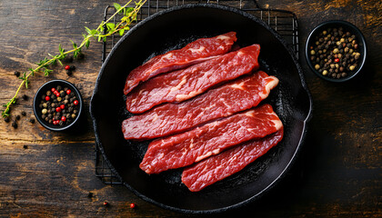 Raw beef meat sliced strips for beef stroganoff in a skillet. wooden background. top view.