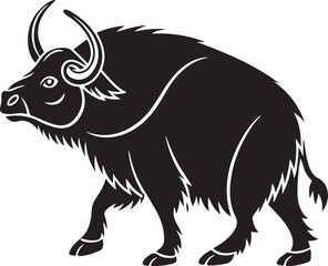 Fototapeta premium Silhouette artwork of a robust yak walking showing strong horns and detailed fur in black and white