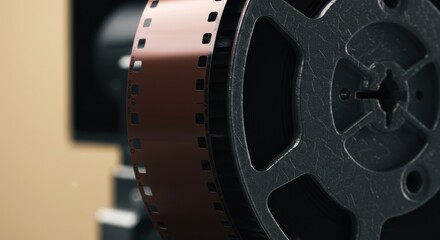 Close-up highlights a film reel, exhibiting celluloid and intricate design through vintage media.