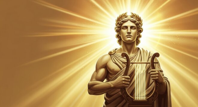 A golden statue of the Greek god Apollo with his lyre and laurel wreath, radiating brilliant divine light. A symbol of music, art, and the sun.