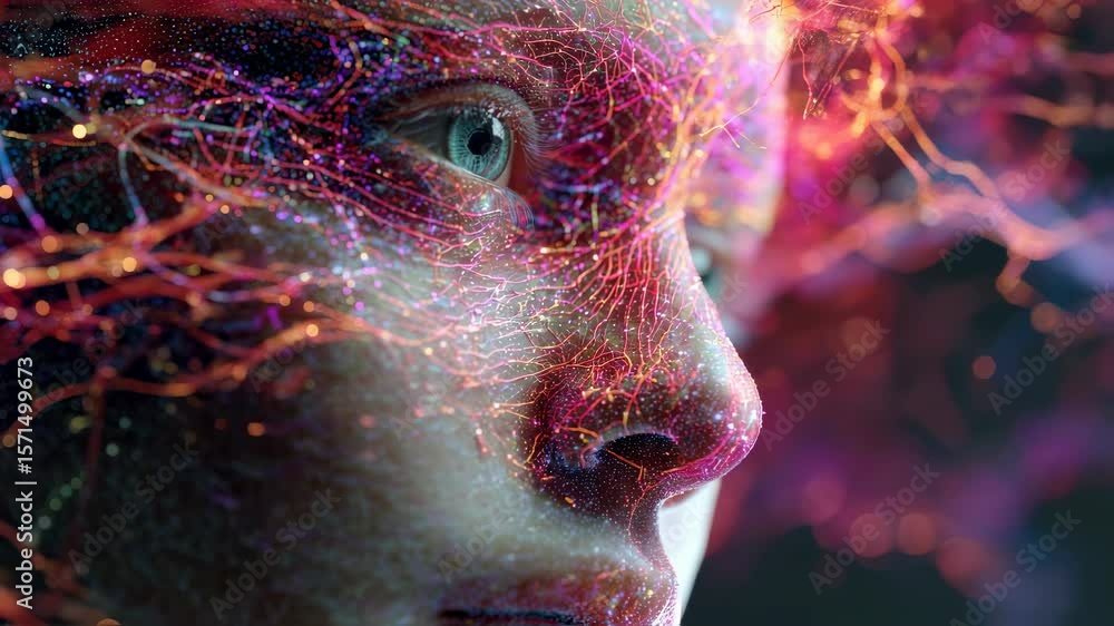 Poster artistic portrayal of a digital human face emerging from a web of vibrant cybernetic connections sho