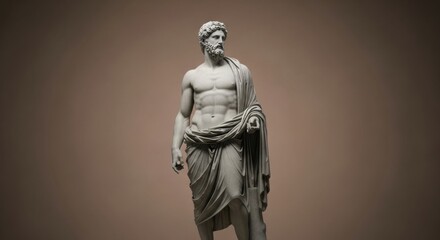 A full-length digital sculpture of a classical Greek god, showcasing a powerful and idealized male physique against a brown background.