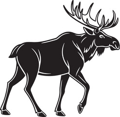 Sleek black and white illustration of a majestic moose in walking pose