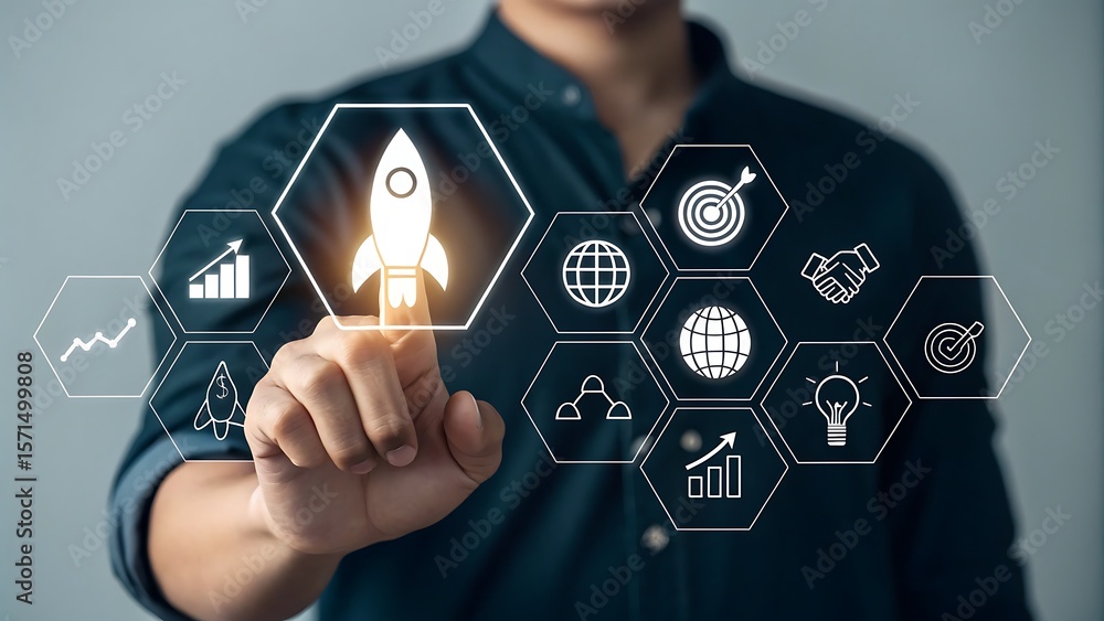 Poster man tapping rocket icon: innovation, launch, growth, strategy, and digital transformation concept vi