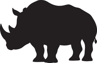 Black silhouette of a powerful rhinoceros standing against a clean white background