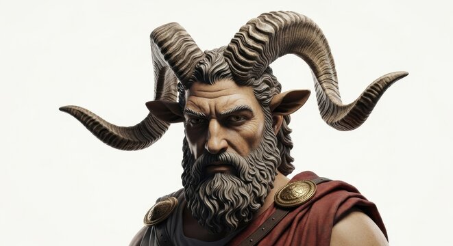 An intense portrait of a satyr or faun from Greek mythology, with a beard and large ram's horns, isolated on a white background.