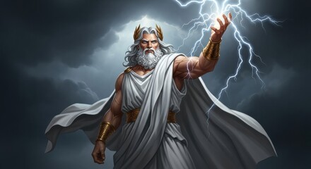 The Greek god Zeus in a white toga, summoning crackling lightning from his hand during a powerful thunderstorm.