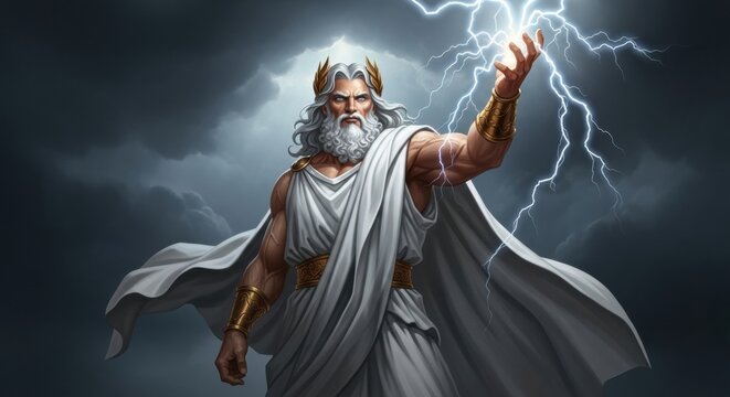 The Greek god Zeus in a white toga, summoning crackling lightning from his hand during a powerful thunderstorm. - Powered by Adobe