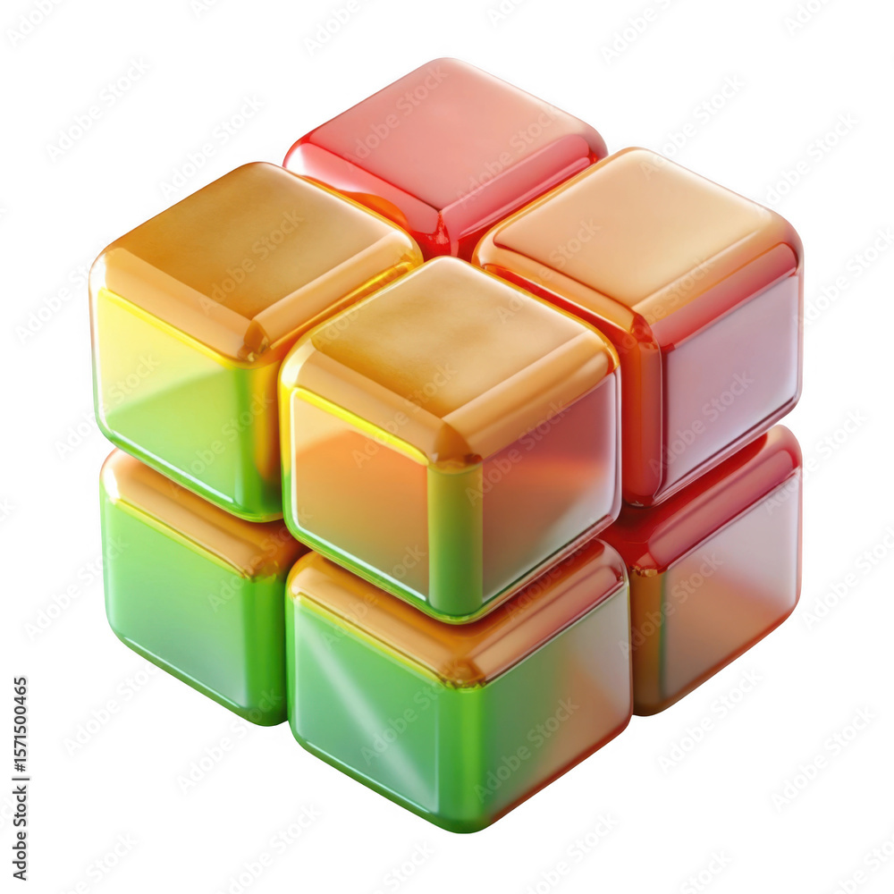 Poster Glossy gradient cubes arranged in a 3d structure isolated on transparent background