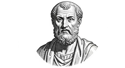 A historical, engraving-style portrait of an ancient Greek philosopher or historian with a beard and toga, on a white background.