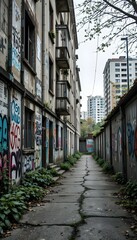 Eerie City Alley beside Abandoned Apartment with Graffiti and Decay