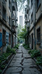 Desolate Urban Passage with Peeling Walls and Vandalized Apartments