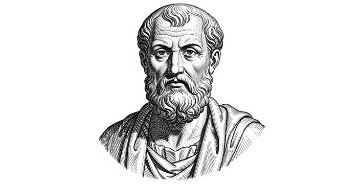 A historical, engraving-style portrait of an ancient Greek philosopher or historian with a beard and toga, on a white background.