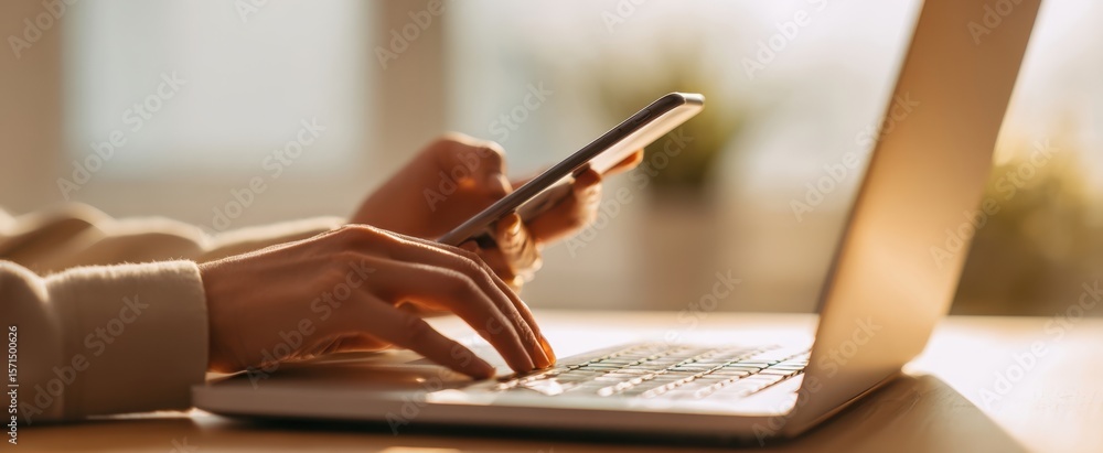 Aufkleber the hands typing on a laptop while using a smartphone in a warm workspace