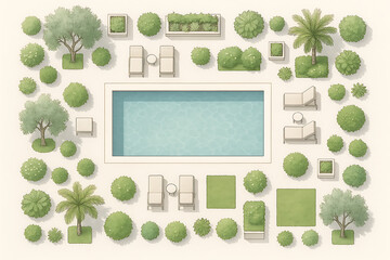 Top- Down View of a Pool Area with Trees Loungers and Greenery Illustration