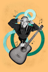 3d zine pop poster vertical collage of happy girl guy dance weekend party celebration note guitar...