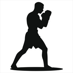 Vector Silhouette of a boxer in a fighting stance./A strong, dynamic silhouette of a boxer in a fighting stance against a plain, background.