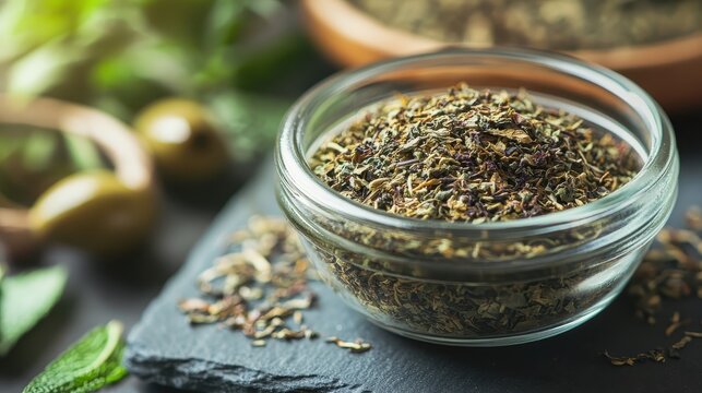 Aromatic Dried Herbs in Glass Bowl on Rustic Wooden Background