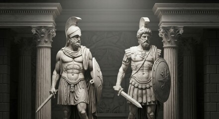 Two classical statues of ancient Greek hoplite warriors in full armor, standing guard inside a stone temple.