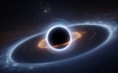 Naklejka premium Supermassive black hole in deep space with a glowing accretion disk, a concept for science and astronomy.